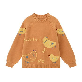 Lányoknak készült kötött pulóver csirke figurás hímzéssel, puha poliészter anyag, hosszú ujjú, kerek nyakú, őszi-téli 2025