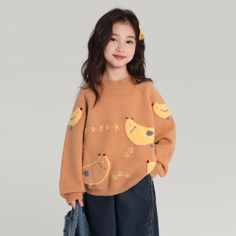 Lányoknak készült kötött pulóver csirke figurás hímzéssel, puha poliészter anyag, hosszú ujjú, kerek nyakú, őszi-téli 2025