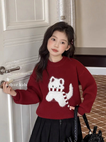 Pulover tricotat pentru copii, stil coreean, lână groasă, mâneci lungi, guler rotund, iarna 2025.