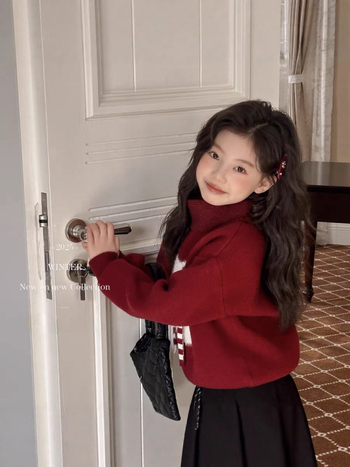 Pulover tricotat pentru copii, stil coreean, lână groasă, mâneci lungi, guler rotund, iarna 2025.