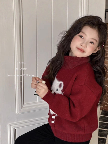 Pulover tricotat pentru copii, stil coreean, lână groasă, mâneci lungi, guler rotund, iarna 2025.