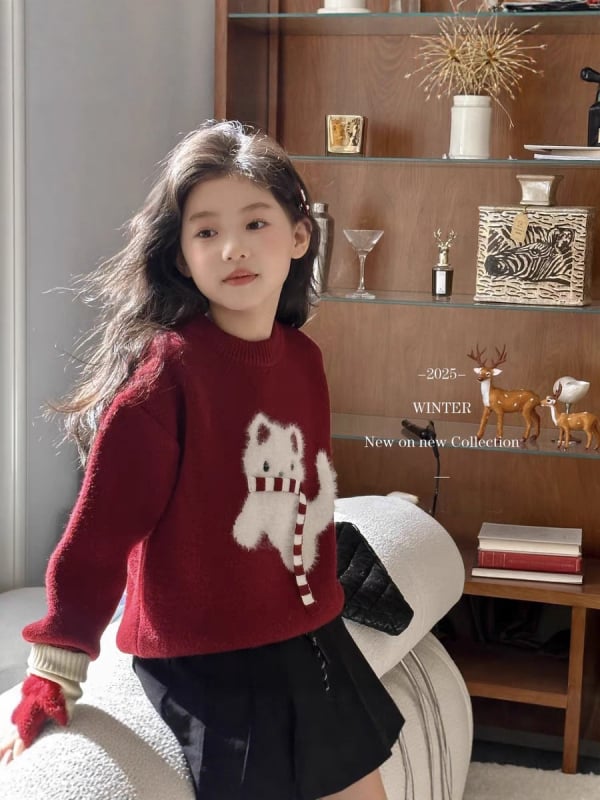 Pulover tricotat pentru copii, stil coreean, lână groasă, mâneci lungi, guler rotund, iarna 2025.