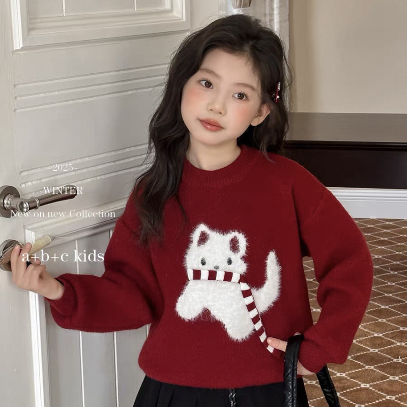 Pulover tricotat pentru copii, stil coreean, lână groasă, mâneci lungi, guler rotund, iarna 2025.