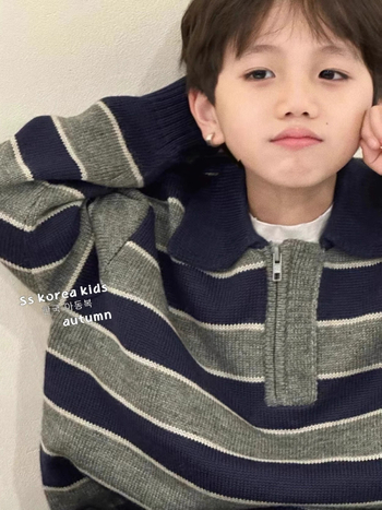 Pulover tricotat pentru copii în stil coreean, guler polo, cu dungi, mâneci lungi, toamnă-iarna, pentru copii de peste 8 ani