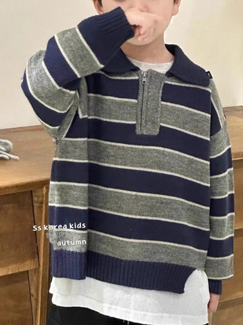 Pulover tricotat pentru copii în stil coreean, guler polo, cu dungi, mâneci lungi, toamnă-iarna, pentru copii de peste 8 ani