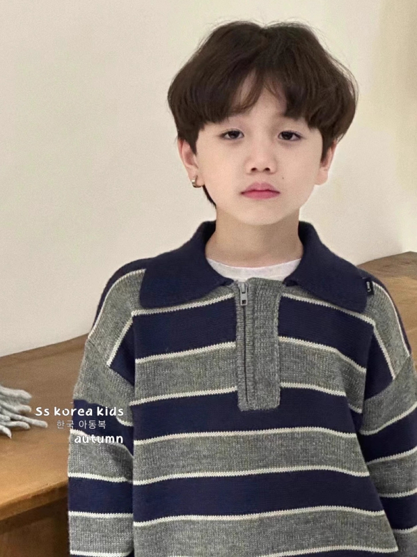 Pulover tricotat pentru copii în stil coreean, guler polo, cu dungi, mâneci lungi, toamnă-iarna, pentru copii de peste 8 ani
