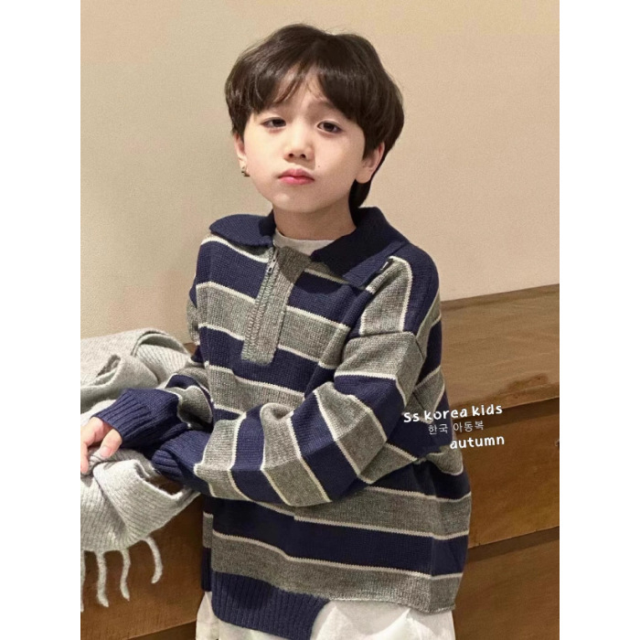 Pulover tricotat pentru copii în stil coreean, guler polo, cu dungi, mâneci lungi, toamnă-iarna, pentru copii de peste 8 ani