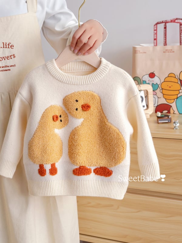 Gyermekeknek készült Cartoon mintás kötött pulóver, kerek nyakú, hosszú ujjú, vastag akril fonalból, téli szezon 2025, újszülötteknek 0–12 hónap