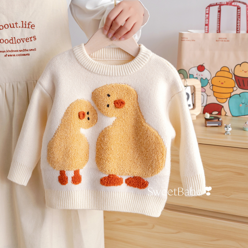 Gyermekeknek készült Cartoon mintás kötött pulóver, kerek nyakú, hosszú ujjú, vastag akril fonalból, téli szezon 2025, újszülötteknek 0–12 hónap
