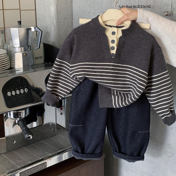 Dječji džemper u korejskom stilu, debeli pleteni džemper s prugama, unisex, zima, uzrast 3–8 godina