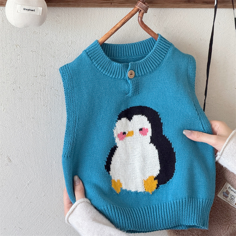Dječja pamučna pletena vesta без rukava s jacquardom pingvina, okrugli izrez, s jednim gumbom, unisex, za djecu od 3 do 8 godina