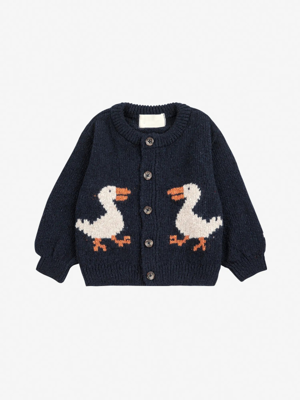 Cardigan pentru copii din lână Merino cu broderie de rață, mâneci lungi, guler rotund, închidere cu nasturi (Toamnă–Iarna 2025)