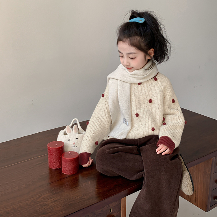 Lányoknak szóló kötött pulóver, vastag pamut kötés, hosszú ujjú, kerek nyak, téli–tavaszi–ősszi szezonra