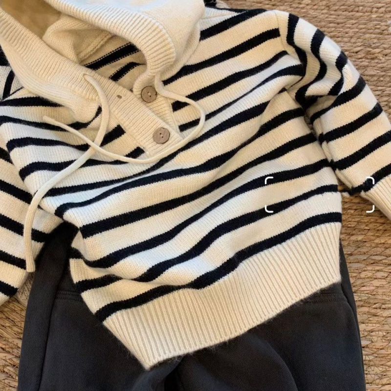 Dječji pleteni džemper s kapuljačom, prugasti blok boja, korejski stil, unisex, 3–8 godina