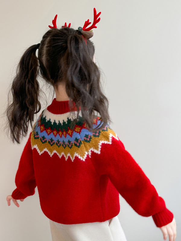 Dječji gusto pleteni džemper za zimu s Fair Isle uzorkom, preko glave, dugi rukavi, okrugli izrez, za djevojčice 3–8 godina (Zima 2025)