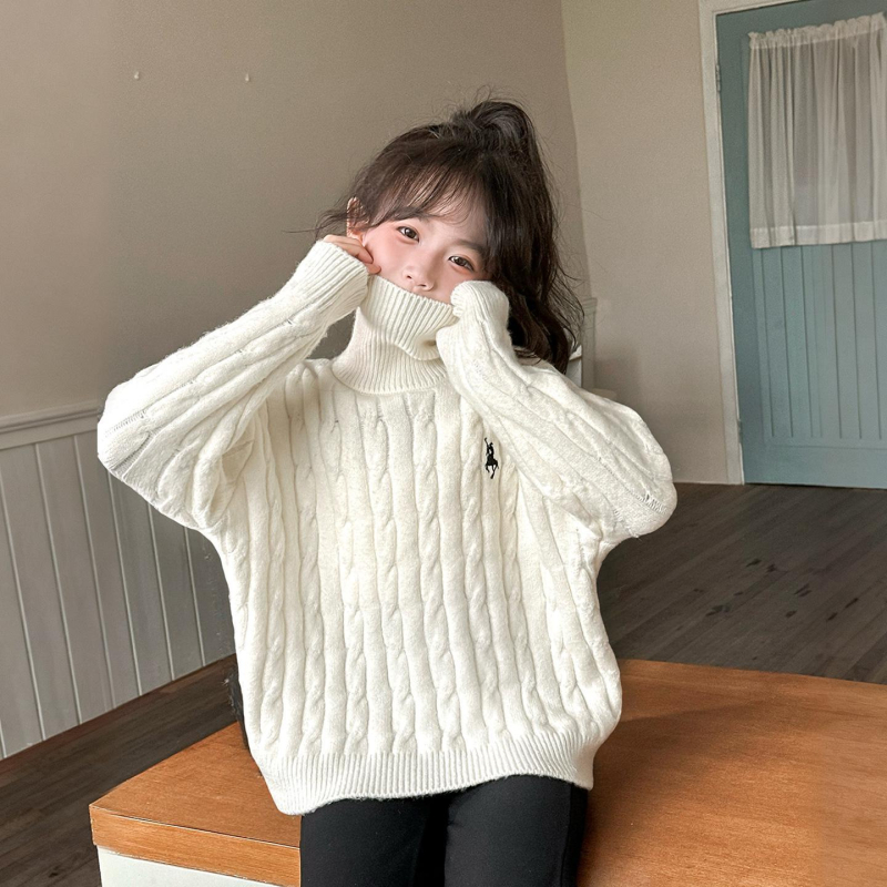 Gyerekeknek készült magas galléros kötött pulóver, hosszú ujjú, 100% poliészter, őszi-téli szezon