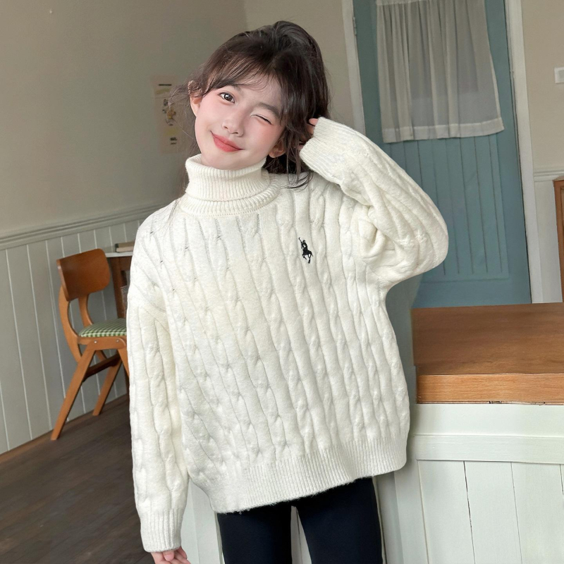 Gyerekeknek készült magas galléros kötött pulóver, hosszú ujjú, 100% poliészter, őszi-téli szezon