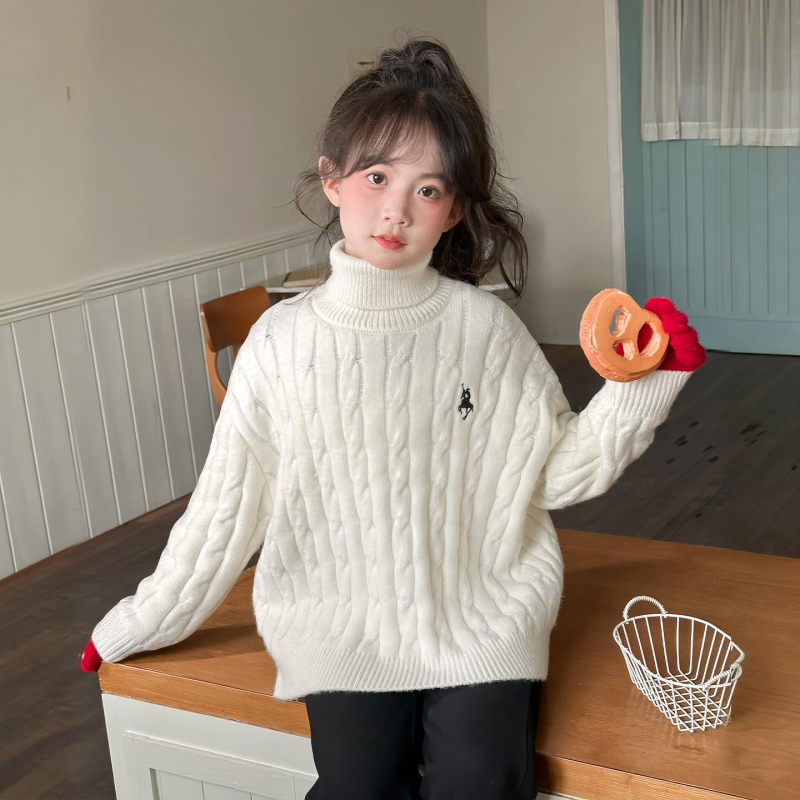 Gyerekeknek készült magas galléros kötött pulóver, hosszú ujjú, 100% poliészter, őszi-téli szezon