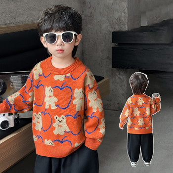 Gyerekek téli vastag kötött pulóver — kerek nyakú, hosszú ujjú, Cartoon mintás, puha anyag: pamut-poliészter keverék, Koreai stílus, 3–8 éveseknek