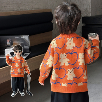 Gyerekek téli vastag kötött pulóver — kerek nyakú, hosszú ujjú, Cartoon mintás, puha anyag: pamut-poliészter keverék, Koreai stílus, 3–8 éveseknek