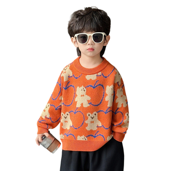Gyerekek téli vastag kötött pulóver — kerek nyakú, hosszú ujjú, Cartoon mintás, puha anyag: pamut-poliészter keverék, Koreai stílus, 3–8 éveseknek