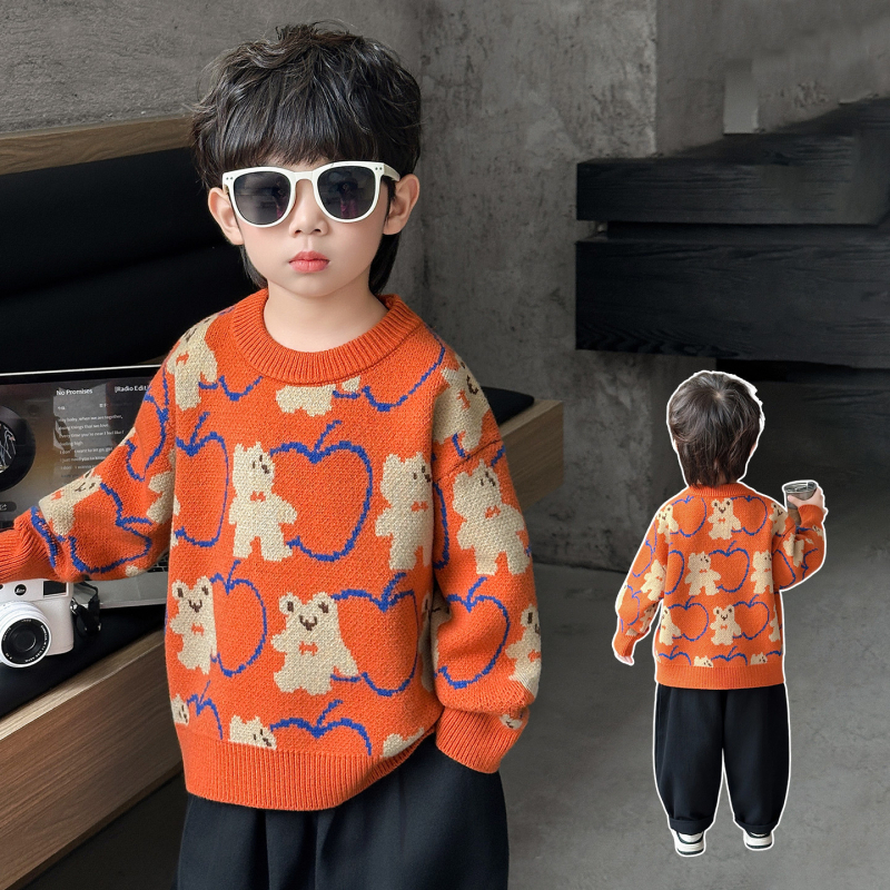 Gyerekek téli vastag kötött pulóver — kerek nyakú, hosszú ujjú, Cartoon mintás, puha anyag: pamut-poliészter keverék, Koreai stílus, 3–8 éveseknek