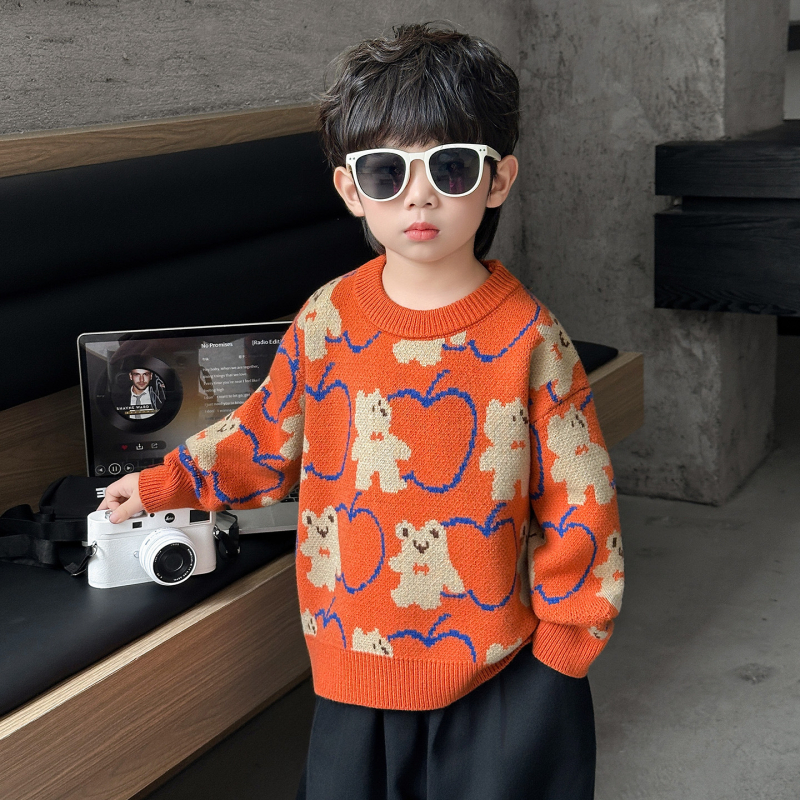 Gyerekek téli vastag kötött pulóver — kerek nyakú, hosszú ujjú, Cartoon mintás, puha anyag: pamut-poliészter keverék, Koreai stílus, 3–8 éveseknek