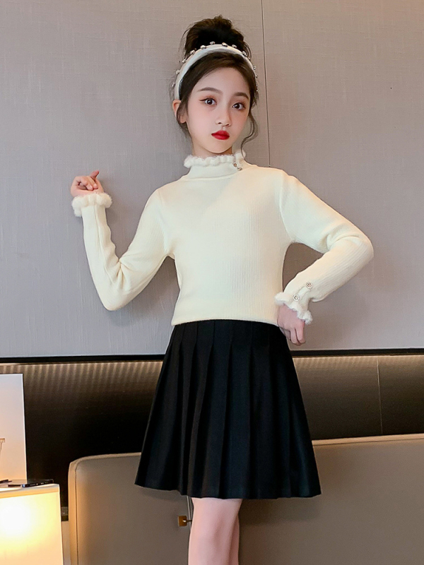 Lányoknak készült koreai stílusú pulóver, kerek nyakú, hosszú ujjú, vastag anyag, fő anyag 60% poliészter, megfelelő őszi-téli viselésre, kapucni nélküli, 8 év feletti gyerekeknek