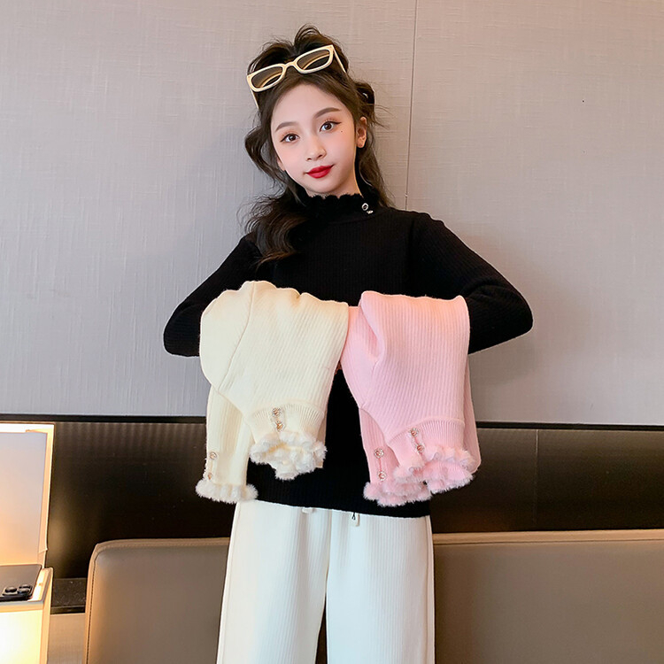 Lányoknak készült koreai stílusú pulóver, kerek nyakú, hosszú ujjú, vastag anyag, fő anyag 60% poliészter, megfelelő őszi-téli viselésre, kapucni nélküli, 8 év feletti gyerekeknek