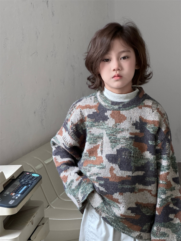 Pulover pentru copii cu imprimeu camuflaj, stil coreean, guler rotund, potrivit pentru vârsta 3–8 ani.
