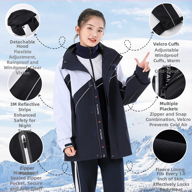 Ziemas–pavasara–rudens 3-in-1 skolas uniformas jaka komplekts – vējaizturīgs un ūdensnecaurlaidīgs, noņemama kapuce, rāvēslēdzējs priekšā, unisex, mīksts poliesters