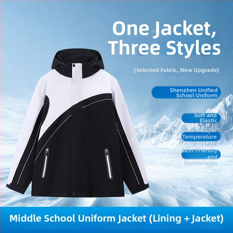 Ziemas–pavasara–rudens 3-in-1 skolas uniformas jaka komplekts – vējaizturīgs un ūdensnecaurlaidīgs, noņemama kapuce, rāvēslēdzējs priekšā, unisex, mīksts poliesters