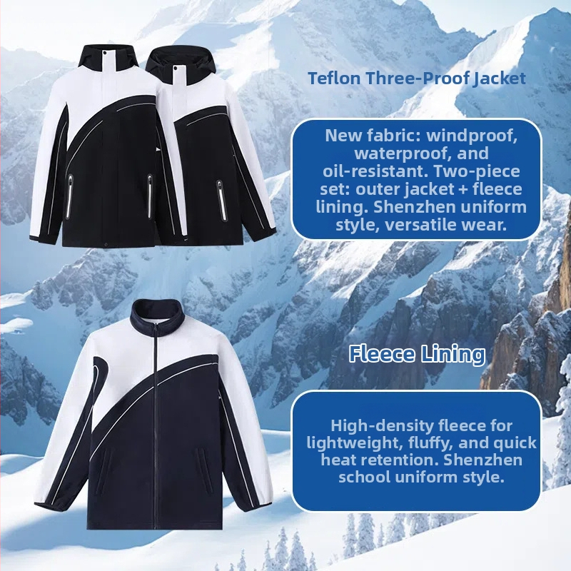 Ziemas–pavasara–rudens 3-in-1 skolas uniformas jaka komplekts – vējaizturīgs un ūdensnecaurlaidīgs, noņemama kapuce, rāvēslēdzējs priekšā, unisex, mīksts poliesters