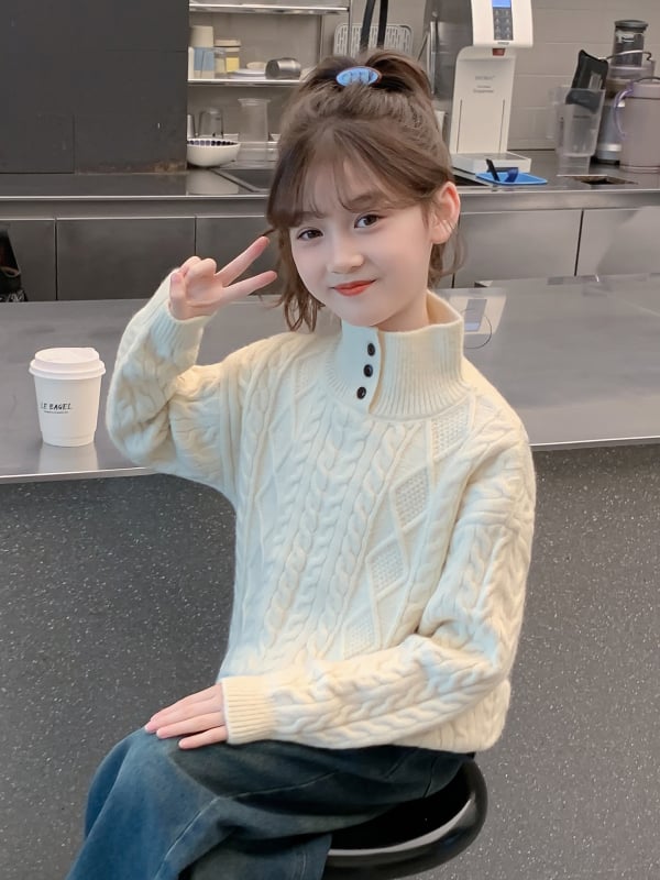 Dječji zimski pleteni džemper za djevojčice, korejskog stila, visoki ovratnik, pulover, debela smjesa pamuka i elastana