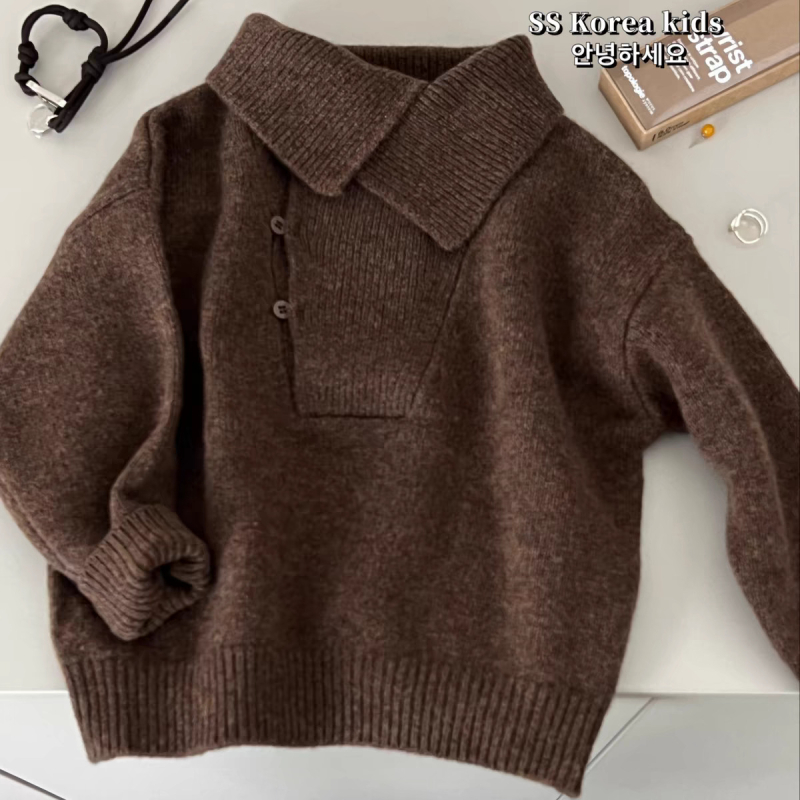 Gyermekeknek készült kötött pulóver polo gallérral, poliészter alapanyag, egyszínű, újszülötteknek (0–12 hónap), 2025-ös tél