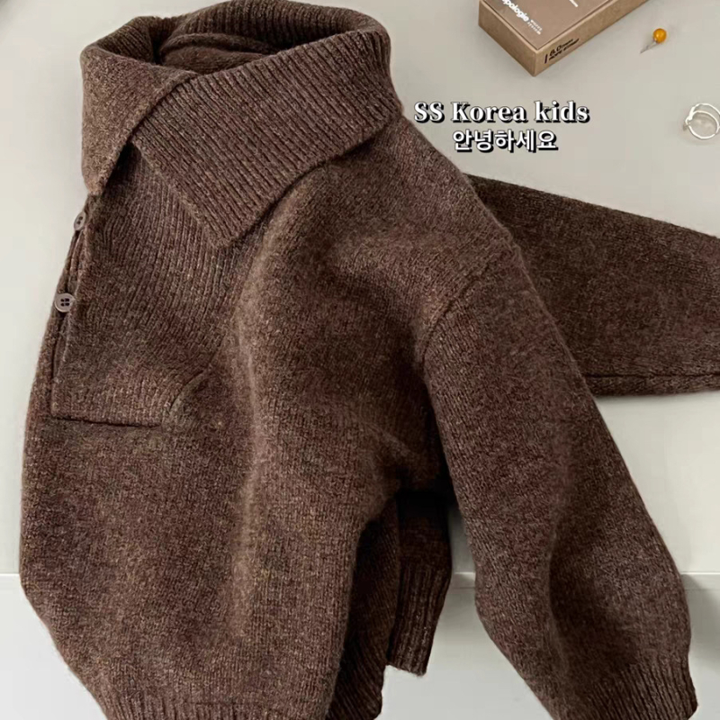 Gyermekeknek készült kötött pulóver polo gallérral, poliészter alapanyag, egyszínű, újszülötteknek (0–12 hónap), 2025-ös tél