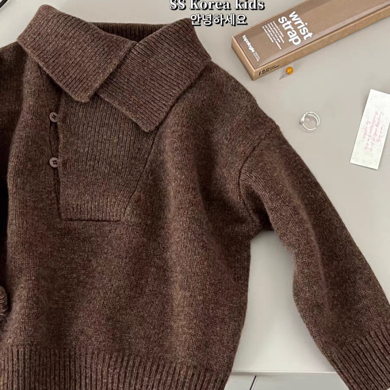 Gyermekeknek készült kötött pulóver polo gallérral, poliészter alapanyag, egyszínű, újszülötteknek (0–12 hónap), 2025-ös tél