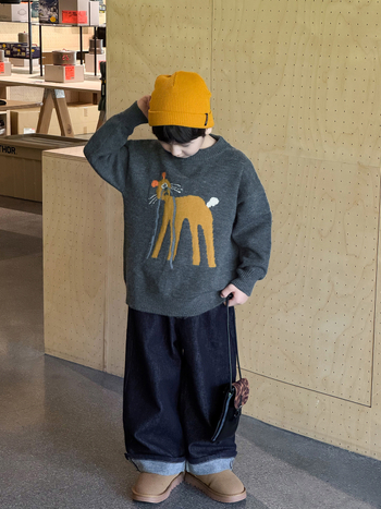 Dječji pulover - jacquard s karikaturalnom mačkom, okrugli izrez, dugi rukavi, Arctic fleece, 42% akril, za djecu od 3 do 8 godina