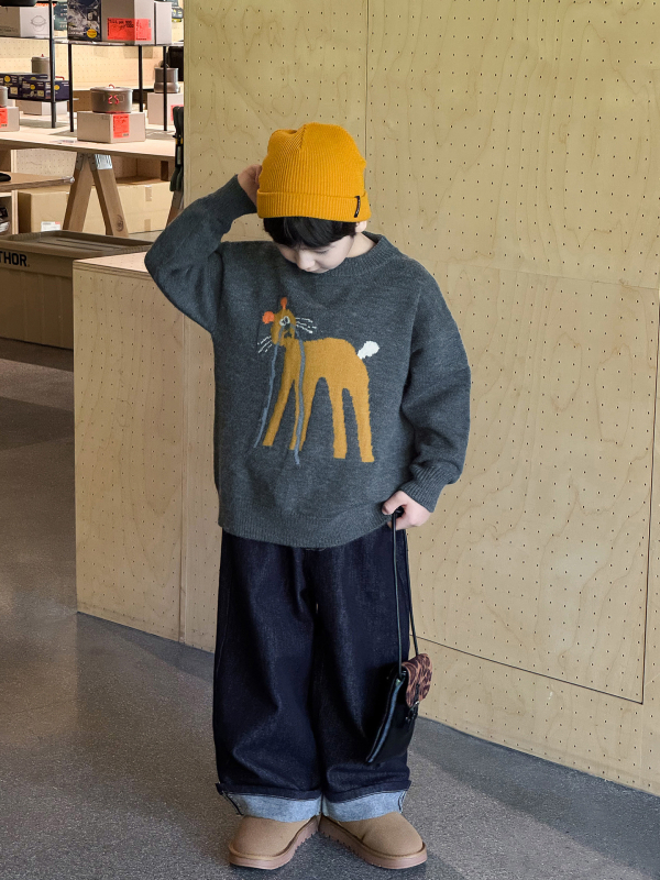Dječji pulover - jacquard s karikaturalnom mačkom, okrugli izrez, dugi rukavi, Arctic fleece, 42% akril, za djecu od 3 do 8 godina