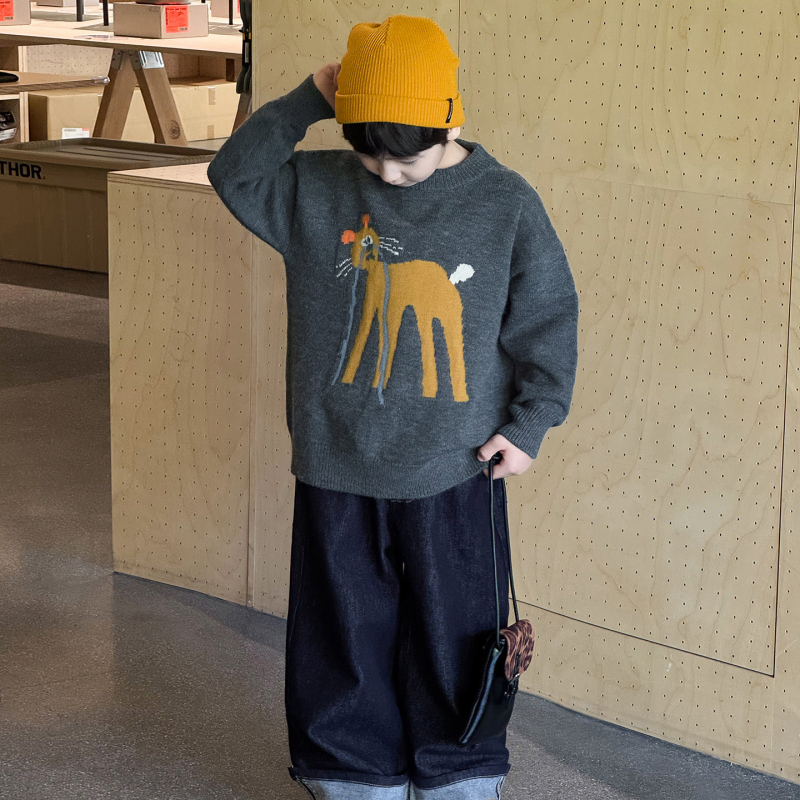 Dječji pulover - jacquard s karikaturalnom mačkom, okrugli izrez, dugi rukavi, Arctic fleece, 42% akril, za djecu od 3 do 8 godina