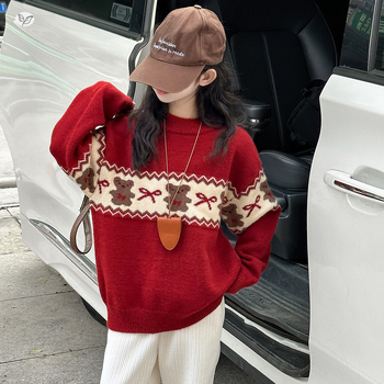 Gyerekeknek szóló vastag kötött pulóver medvés jacquard mintával és masnival, 60% pamut, kerek nyak, hosszú ujjak