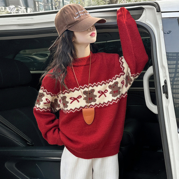 Gyerekeknek szóló vastag kötött pulóver medvés jacquard mintával és masnival, 60% pamut, kerek nyak, hosszú ujjak