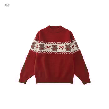 Gyerekeknek szóló vastag kötött pulóver medvés jacquard mintával és masnival, 60% pamut, kerek nyak, hosszú ujjak