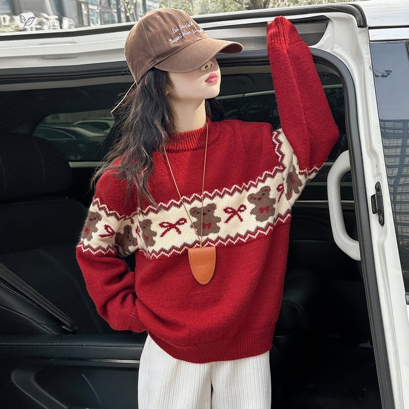 Gyerekeknek szóló vastag kötött pulóver medvés jacquard mintával és masnival, 60% pamut, kerek nyak, hosszú ujjak