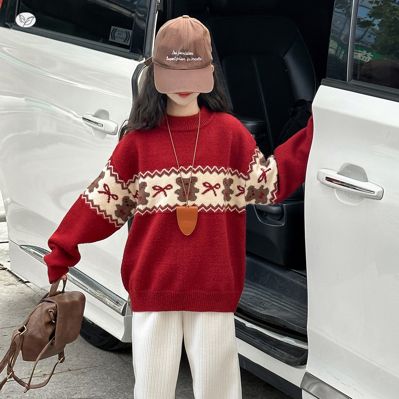 Gyerekeknek szóló vastag kötött pulóver medvés jacquard mintával és masnival, 60% pamut, kerek nyak, hosszú ujjak