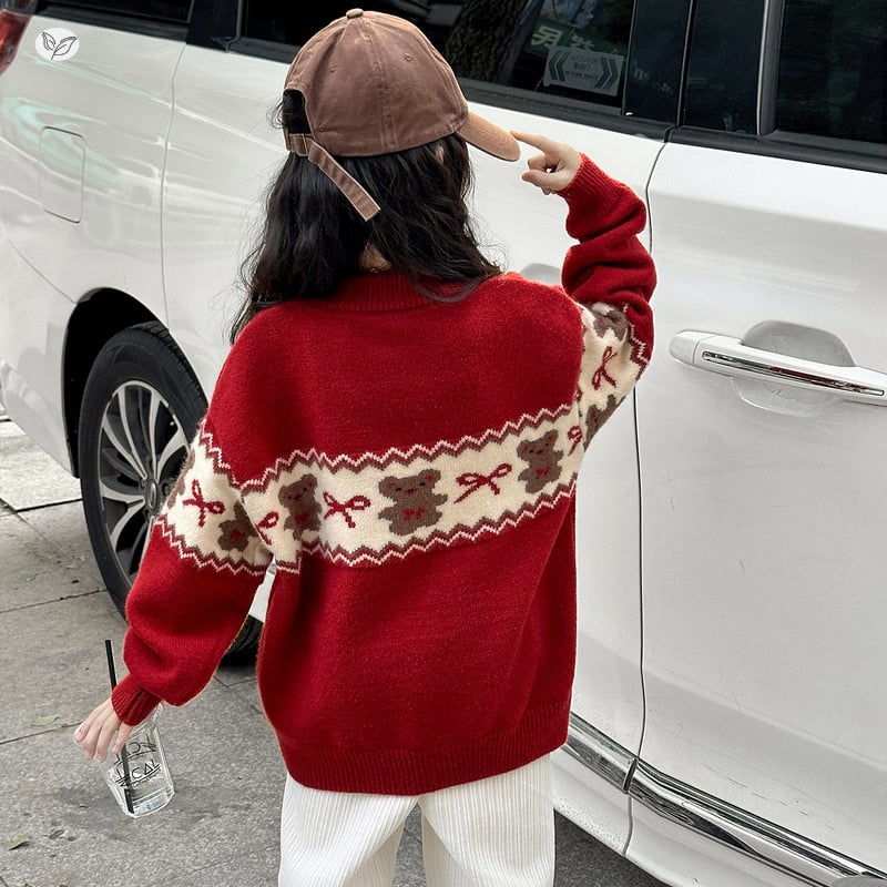 Gyerekeknek szóló vastag kötött pulóver medvés jacquard mintával és masnival, 60% pamut, kerek nyak, hosszú ujjak