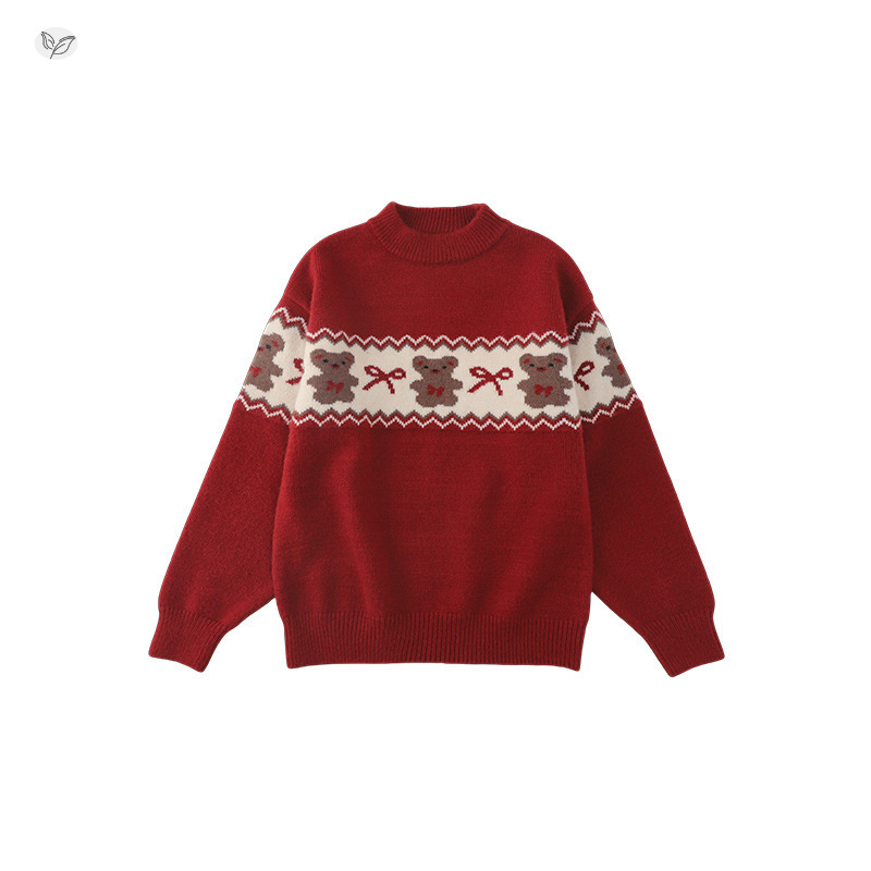 Gyerekeknek szóló vastag kötött pulóver medvés jacquard mintával és masnival, 60% pamut, kerek nyak, hosszú ujjak