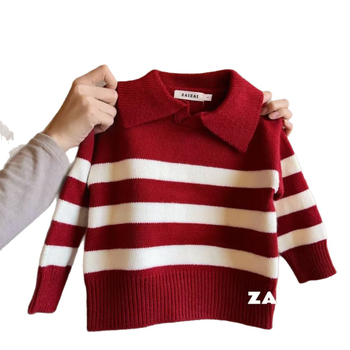 Dječji prugasti pleteni džemper, unisex, crvene boje, s polo ovratnikom