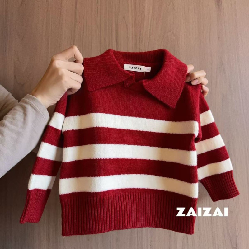 Dječji prugasti pleteni džemper, unisex, crvene boje, s polo ovratnikom