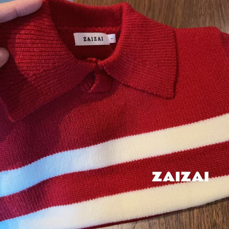 Dječji prugasti pleteni džemper, unisex, crvene boje, s polo ovratnikom